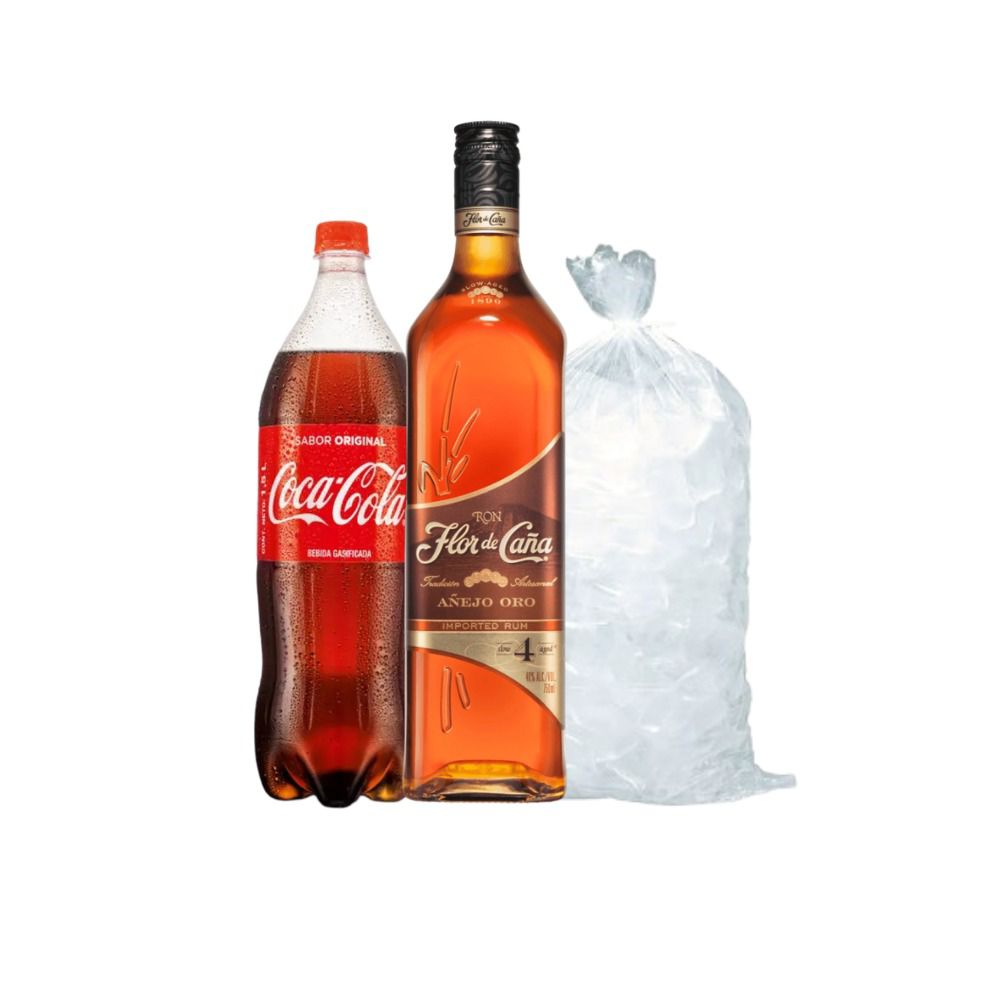 Flor de Caña 4 años Botella 750ml + Coca Cola 1.5 Lt + Hielo 1.5 Kg de Flor de Caña - Oferta especial