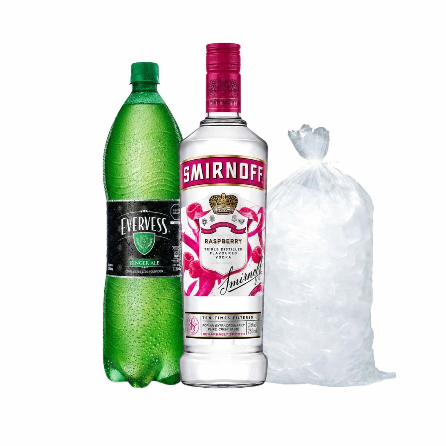 Smirnoff Raspberry Botella 700ml + Evervess Ginger 1.5 Lt + Hielo 1.5 Kg - Oferta especial