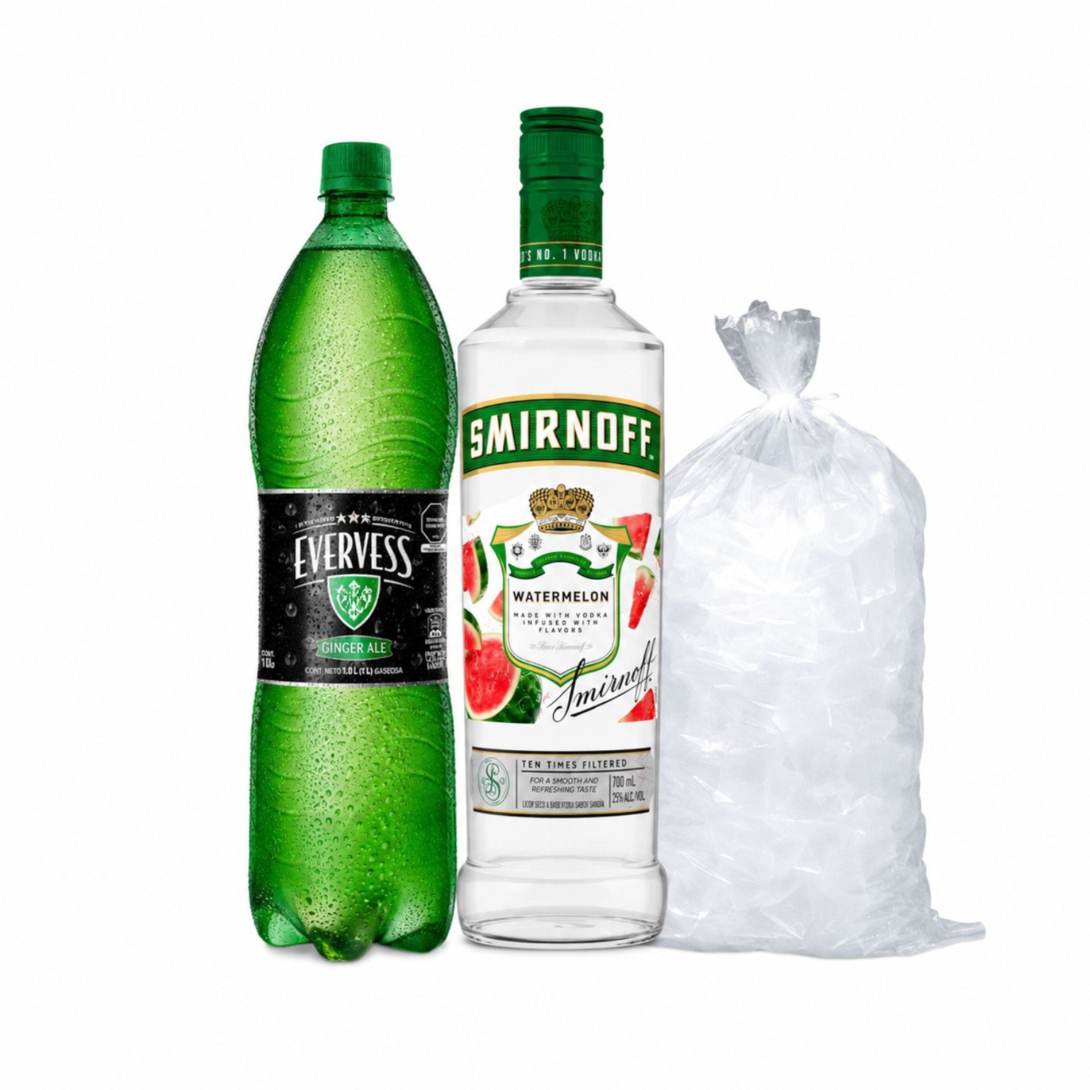 Smirnoff Watermelon Botella 700ml + Evervess Ginger 1.5 Lt + Hielo 1.5 Kg - Oferta especial