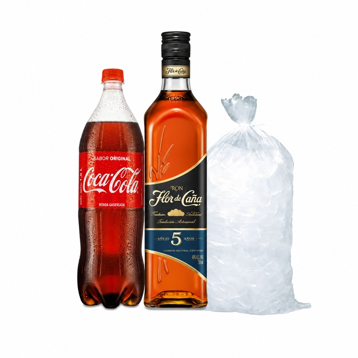 Flor de Caña 5 años Botella 750ml + Coca Cola 1.5 Lt + Hielo 1.5 Kg - Oferta especial