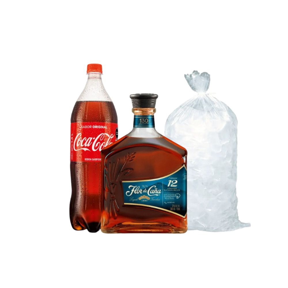 Flor de Caña 12 años Botella 750ml + Coca Cola 1.5 Lt + Hielo 1.5 Kg de Flor de Caña - Oferta especial