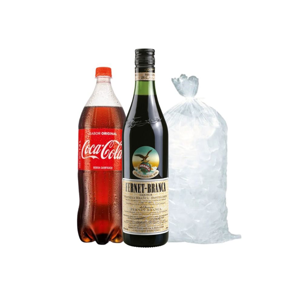 Fernet Botella 750ml + Coca Cola 1.5 Lt + Hielo 1.5 Kg de Fernet Branca - Oferta especial