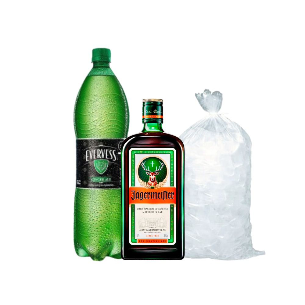 Jagermeister Botella 700ml +Evervess Ginger 1.5 Lt + Hielo 1.5 Kg de Jagermeister - Oferta especial