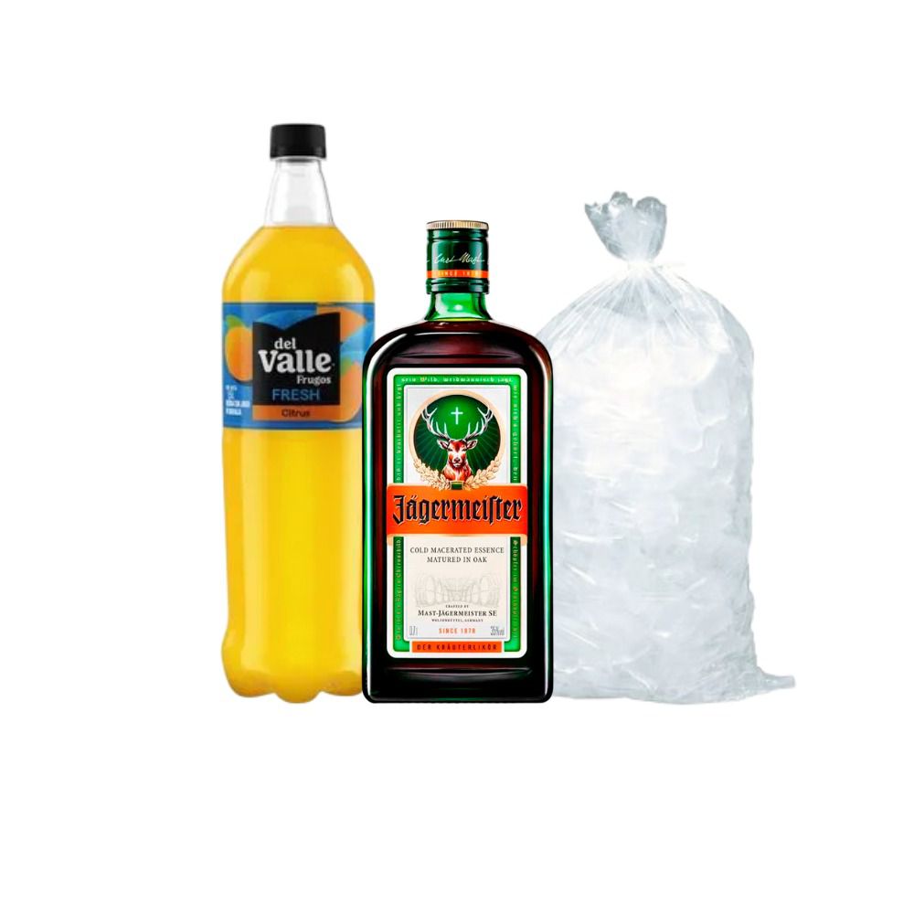 Jagermeister Botella 700ml + Frugos Fresh Naranja 1.5 Lt + Hielo 1.5 Kg de Jagermeister - Oferta especial