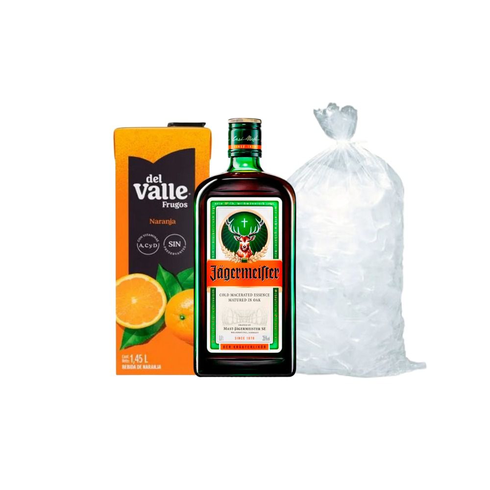 Jagermeister Botella 700ml + Frugos Naranja 1.5 Lt + Hielo 1.5 Kg de Jagermeister - Oferta especial